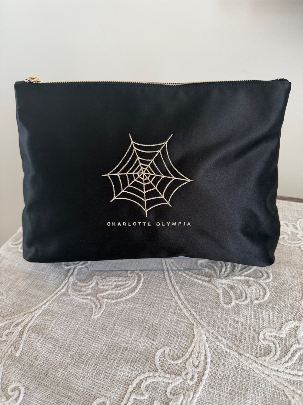 Charlotte Olympia Rare Black Satin Pouch/Clutch with Gold Spiderweb Accent
